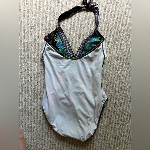 Trina Turk Beautiful EUC Multi-Colored Plunge Halter One Piece Swimsuit Size 10 - Picture 9 of 14